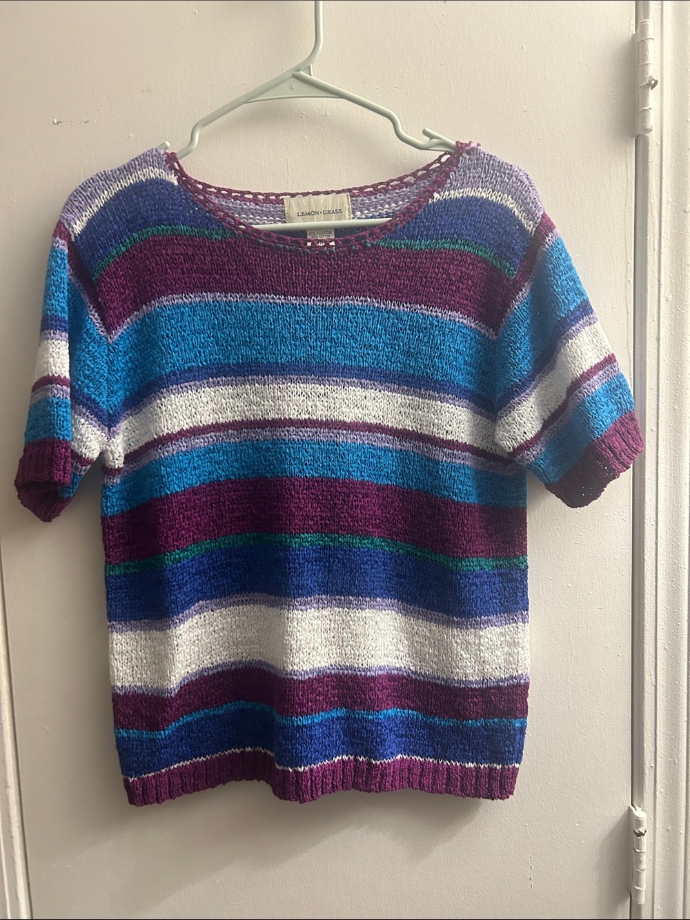 Women's Striped Short-Sleeve Sweater - Blue, Purple, White